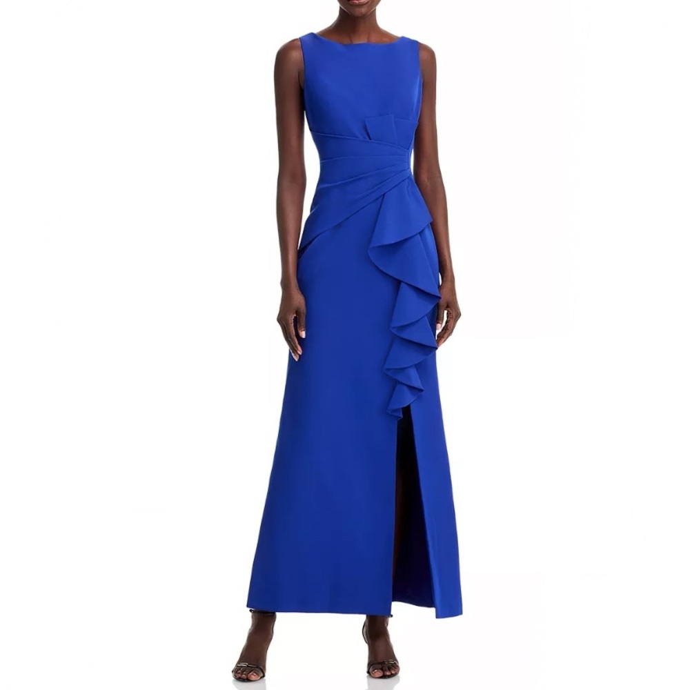 New Eliza J Sleeveless Cascading-Ruffle Gown in Cobalt Blue Size 4